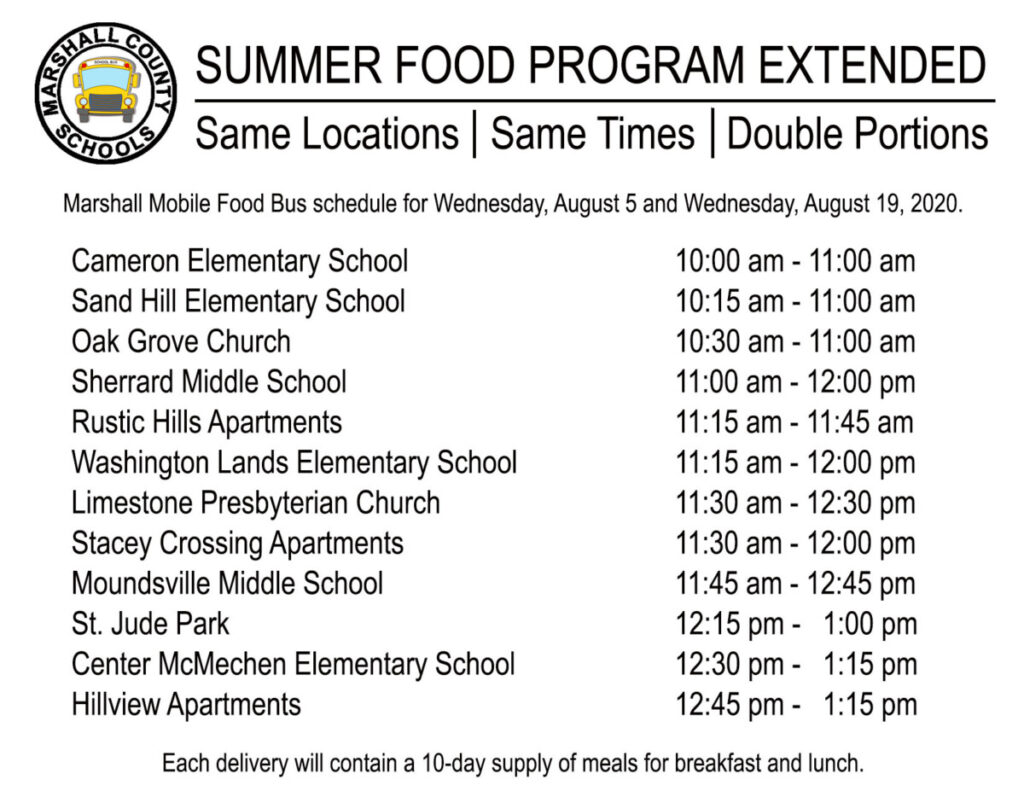 The Marshall County Schools Summer Food Program schedule has added an extra week because of West Virginia Governor Jim Justice’s order that schools can’t go back in session until Tuesday, September 8, 2020. On Wednesday, August 5 and Wednesday, August 19, 2020 the Marshall Mobile Food Bus will make stops in the same neighborhoods at the same times but will distribute double portions. Each delivery will contain a 10-day supply of meals for breakfast and lunch.
