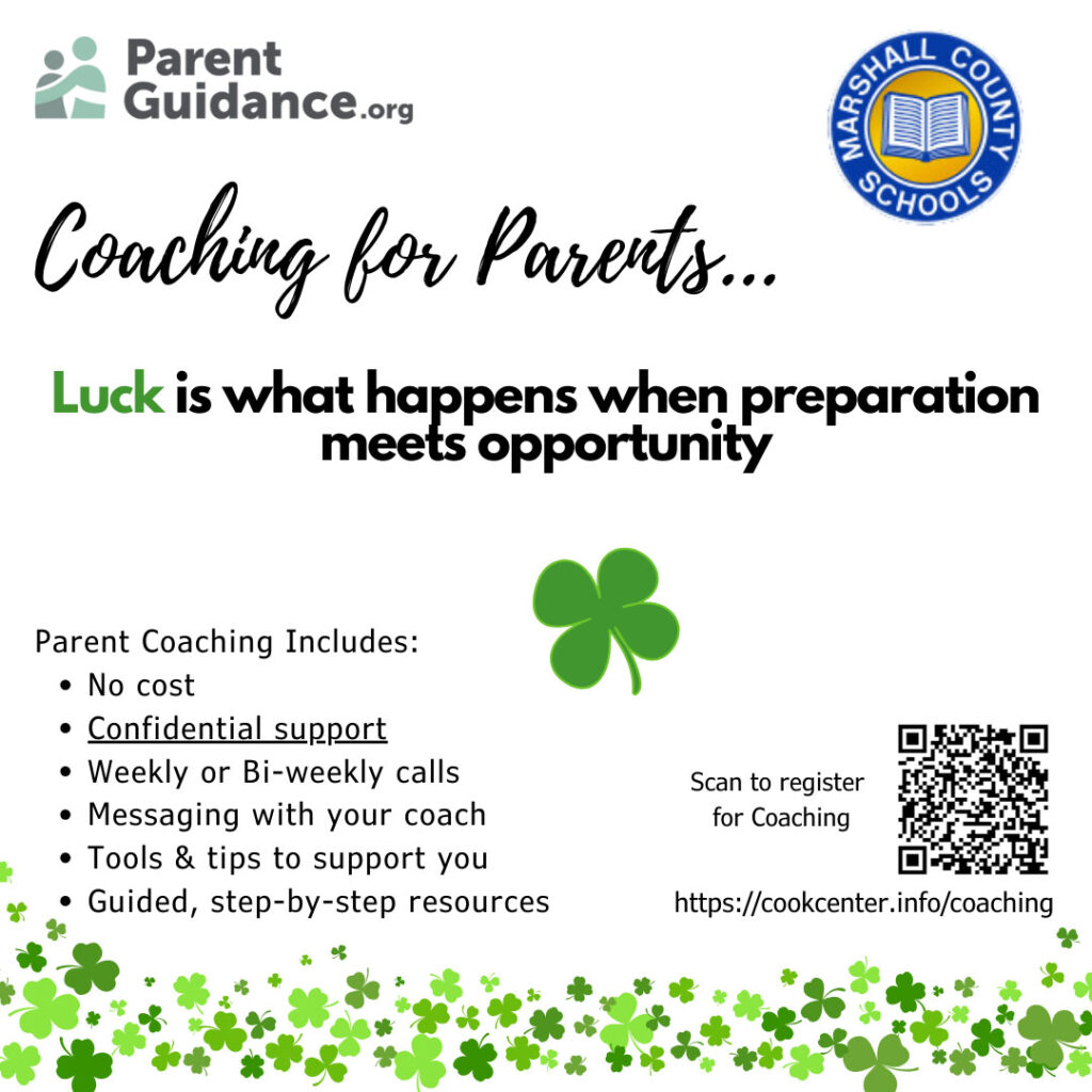 Infographic with the Marshall County Schools and ParentGuidance.org logo with Coaching for Parents written in blue. Parent coaching includes: no cost, confidential support, weekly or bi-weekly calls, messaging with your coach, tolls and tips to support you.